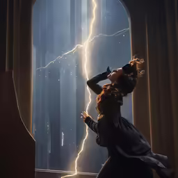 woman holding her hair in front of a window with lightning bolts