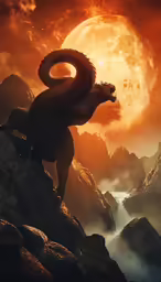 a stylized photo of a dragon on a rocky cliff