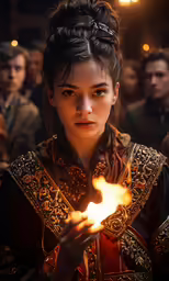 a woman holding up fire next to some people