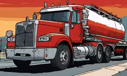 the truck is driving down the road under a red sky,a semi truck is shown at sunset on the road