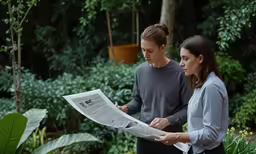 woman reading a paper while man looks at it