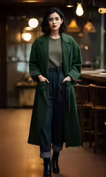 a woman in black pants and green jacket