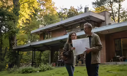 a man and woman standing outside of a home holding a house