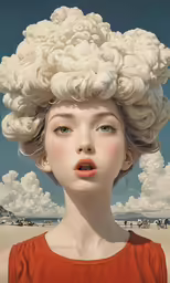 woman with white curly hair covering her face and nose, with an orange top