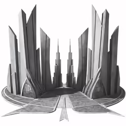 a drawing of an abstract city with a jet in the center
