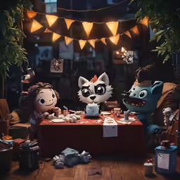 two little cats sitting at a dinner table with food and drinks