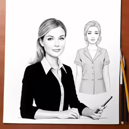 a woman wearing a black top and jacket and a pencil next to her