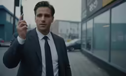 a man in suit pointing at a building