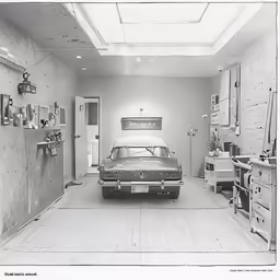 a old photo of a car in a garage
