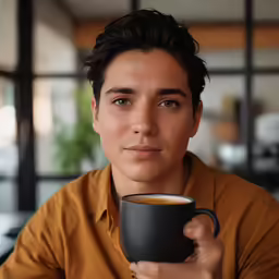 a man holds a cup of coffee at his desk