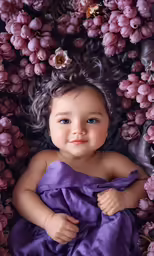 a baby doll is wearing a dress and surrounded by flowers