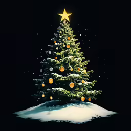 a lit christmas tree on a snowy surface