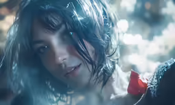 a young woman with wet hair holding something