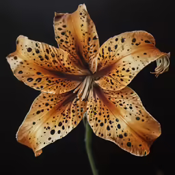 the center piece of a flower is adorned with black spots
