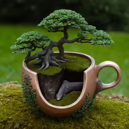 miniature bonsai tree growing in a pot of moss