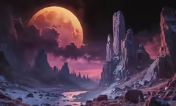 painting of an icy river and a glowing moon