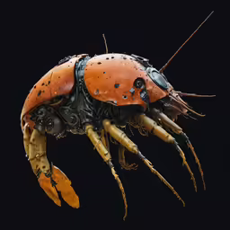 an orange and black bug with large legs