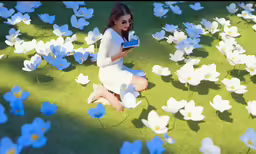 there is a woman kneeling in a field of flowers