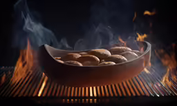there is a skillet on fire and it has something shaped like a bowl
