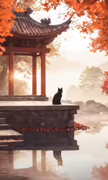 black cat sitting on wall next to water and gazebo