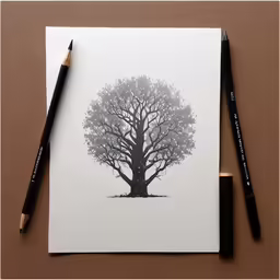 a drawing of a tree and two pencils on the table