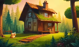a cartoon house sits on a grassy hill, surrounded by forest,a house is in the woods that has green roof
