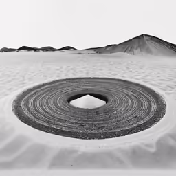 a big hole in the sand with a mountain in the background