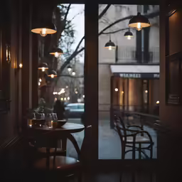 two chairs and one table are set in front of a window