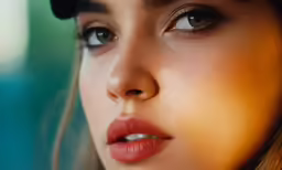 close up view of woman with brown lips and hat