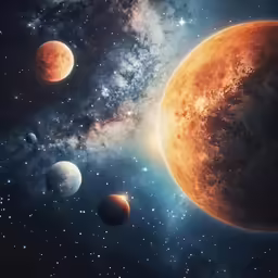 an orange planet with three planets around it