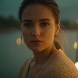 woman staring into camera with lights in background