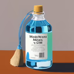 blue bottle of mooti water and a whisk on the ground