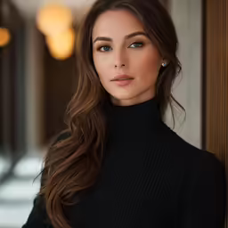 a woman standing outside wearing a black turtle neck shirt