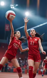 two women play a game of volleyball in the stadium
