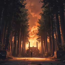 a person stands on a road in front of some trees