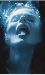 a woman is taking a shower of water in the ocean