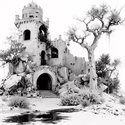 an abandoned building sits in the desert near a tree