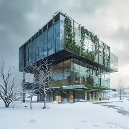 a very tall glass building surrounded by trees and snow