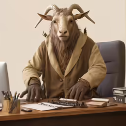 man dressed as goat standing in front of a computer