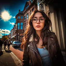 a beautiful woman with glasses on walking down a city street