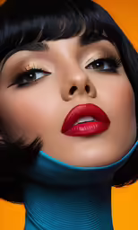 the model poses with red lipstick and black hair
