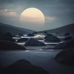 a full moon is rising behind some rocks