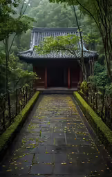 a walkway in the middle of a small building