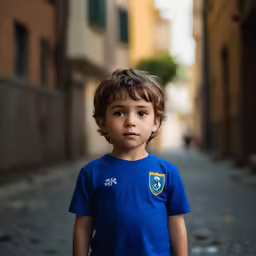 young boy in blue shirt on small street next to building
