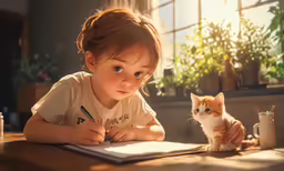 the little girl is writing in the book with her cat