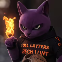 the evil cat wearing a hoodie holds up a hot metal ball