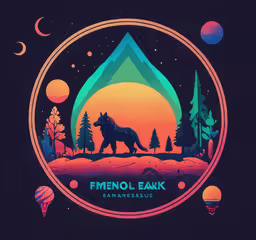 a poster with an image of an animal on it,a colorful poster with the silhouette of an animal in front of mountains and trees