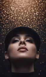 a woman with eyes closed and glitter flying over her head
