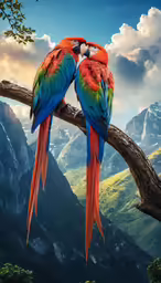 two parrots sit on a branch with mountains in the background
