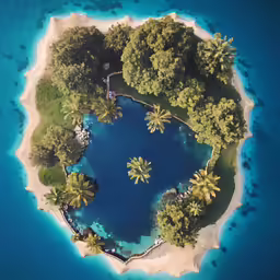 an aerial view of an island with lots of trees around